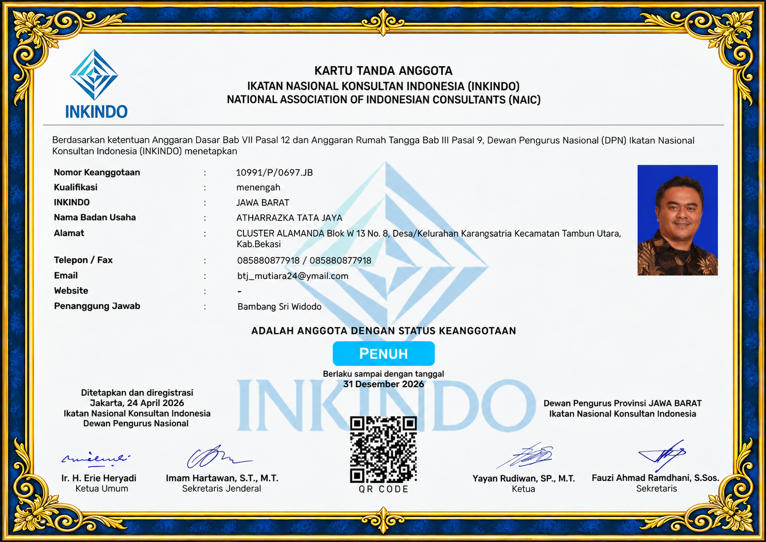 Kartu Tanda Anggota INKINDO PT Athharrazka Tata Jaya